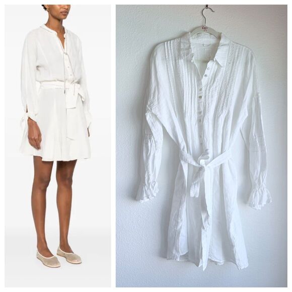 NWT 120% Lino Belted Linen Button Front Pintuck Detail Shirt Dress in White Sz S - Picture 1 of 11